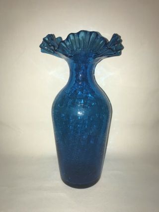 Vtg Blenko Large 14” Blue Crackle Fluted / Ruffled Vase - Nr