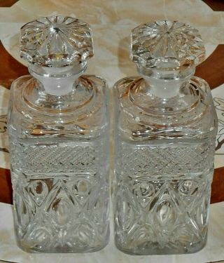 2 Vintage Imperial Glass Cape Cod Square Bourbon Decanters With Stoppers 8 1/2 "