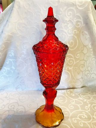 Indiana Glass Diamond Pattern Amberina Red Gold Glass Tall Covered Candy Jar Urn