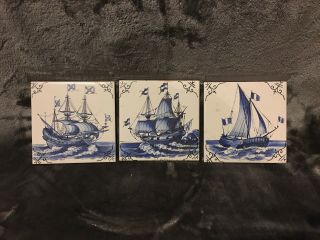 3 Dutch Blue Delft 5 " Square Ceramic Tile Sailing Ship Set Of Three Nautical