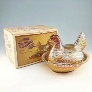 Indiana Iridescent Gold Amber Carnival Glass Hen On Nest Covered Bowl Dish 1260 2
