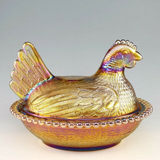 Indiana Iridescent Gold Amber Carnival Glass Hen On Nest Covered Bowl Dish 1260 3