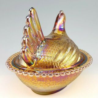 Indiana Iridescent Gold Amber Carnival Glass Hen On Nest Covered Bowl Dish 1260 4
