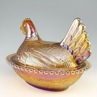 Indiana Iridescent Gold Amber Carnival Glass Hen On Nest Covered Bowl Dish 1260 5