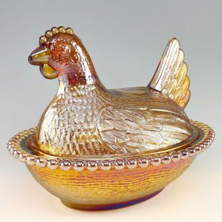 Indiana Iridescent Gold Amber Carnival Glass Hen On Nest Covered Bowl Dish 1260 6