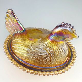 Indiana Iridescent Gold Amber Carnival Glass Hen On Nest Covered Bowl Dish 1260 7