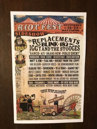 2013 Riot Fest Festival Poster Iggy Pop Blink 182 The Replacements
