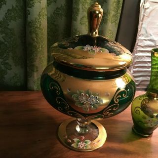 Bohemian Czech Green Glass Enamel Flowers Footed Candy Dish Jar W/lid