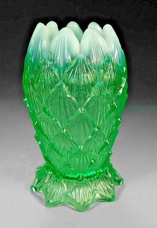 Antique Northwood Glass Palisades Lined Lattice Green Opalescent Vase Rose Bowl