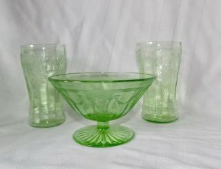 Vintage Cameo / Ballerina Green Depression Glass Water Glasses And Compote
