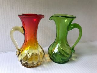 Green Orange Yellow Small Vintage Hand Blown Art Glass Pitcher w handle set of 2 2