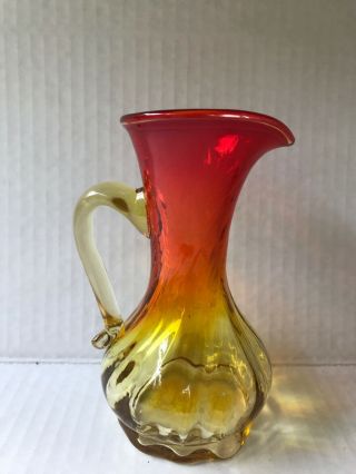 Green Orange Yellow Small Vintage Hand Blown Art Glass Pitcher w handle set of 2 4