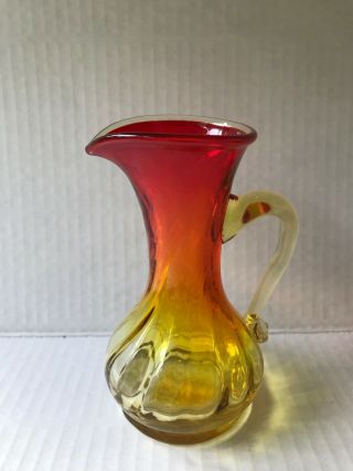 Green Orange Yellow Small Vintage Hand Blown Art Glass Pitcher w handle set of 2 7
