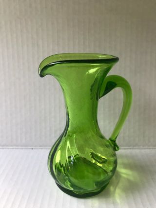 Green Orange Yellow Small Vintage Hand Blown Art Glass Pitcher w handle set of 2 8