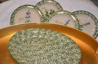 Gerald E.  Henn Green Spongeware Platter,  4 Rare Herb Plates