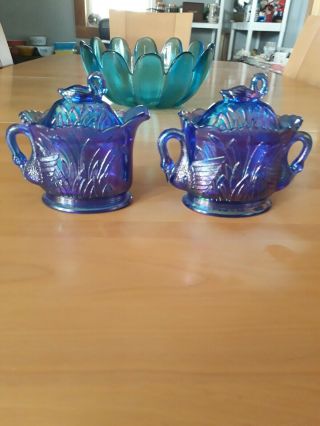 Htf Westmoreland Amethyst Carnival Glass Swan Creamer & Sugar Bowl