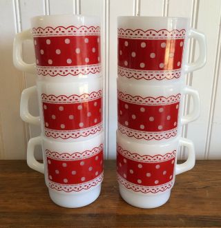 Vintage Fire King Stackable Coffee Mugs Set Of 6 Red Polka Dot Lace