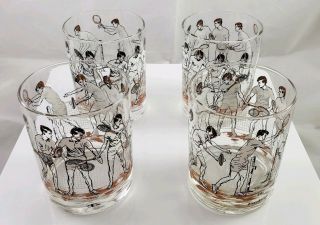 Set (4) Vintage Mid Century Cora/cera " The Forehand " Tennis Barware Glasses