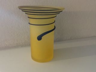 Blenko 7” Frosted Yellow Glass Vase W Blue Raised Spiral - Vtg 1960 