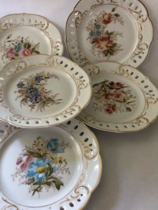 Antique Hand Painted Flower Nymphenburg Dresden Reticulated Pierced Set 6 Plates