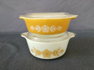 Vintage Pyrex Butterfly Gold Casserole Dishes 471 1 Pt & 472 1 1/2 Pt With Lids