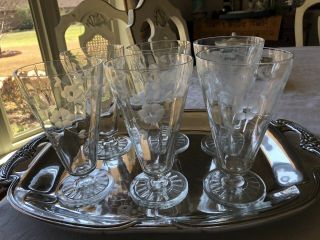 Anitque Federal Glass Etched Flowers Wine Water Pedestal Glasses - Set Of 6