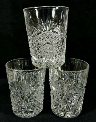 3 Antique Abp Cut Glass Crystal Juice Tumblers Hand Cut Stars Fans 3.  7 Inch Exc