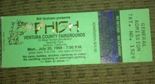 Phish Ptbm Ticket Stub Ventura County Fairgrounds Ca 7/20/98 Pollock