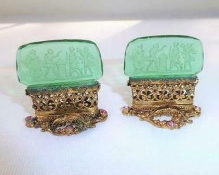 Pair Czech Green Crystal Intaglio Jeweled Ormolu Place Card Holders