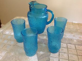 Vintage Blue Mid Century Modern - Pitcher And 4 Matching Glasses