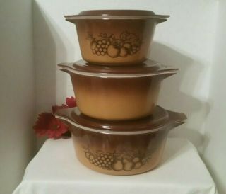 Pyrex Set Of 3 Old Orchard Cinderella Casseroles 473 474 475 With Brown Lids