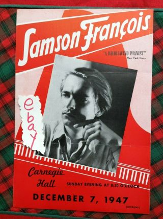 1947 Samson Francois Carnegie Hall Flyer York City Box D Handbill