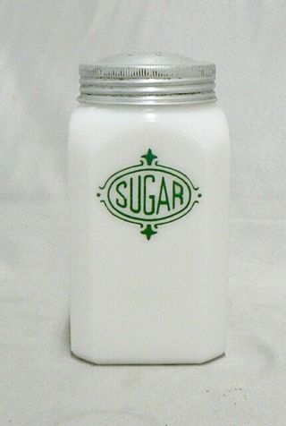 Vintage Anchor Hocking Milk Glass Sugar Shaker Green Letters