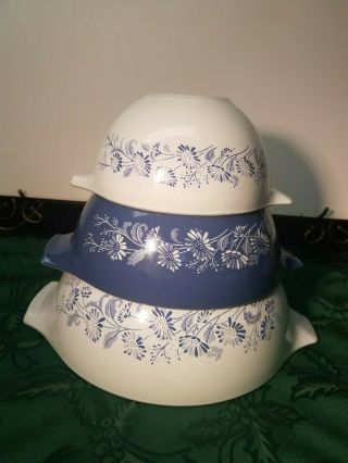 Vintage 3 Pc.  Pyrex Colonial Mist Blue & White Cinderella.  Mixing Bowls