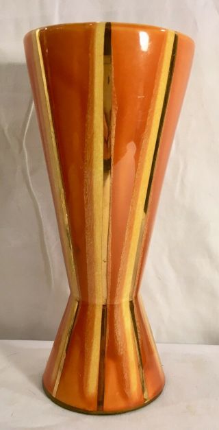 Hull Continental Vase Mid Century Orange Gold Striped Hourglass Vase 10”