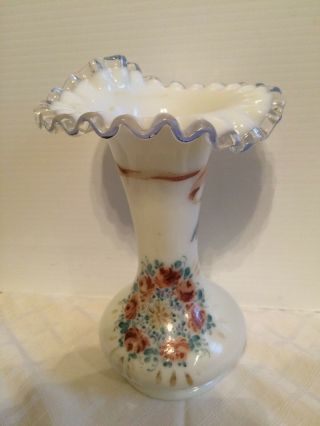 Fenton Vintage Hand Painted Roses & Bow Circa 1940 Silver Crest Ruffled Vase