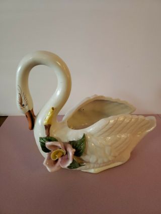 Rare Vintage Bassano Italy Ceramic Swan Floral Planter Hand Painted 6.  5 "