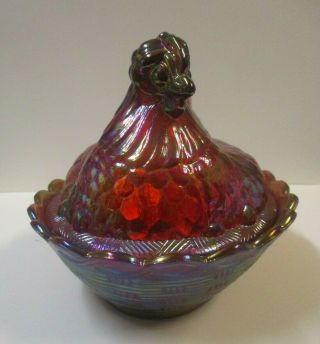 FENTON Hen on Nest Carnival Glass Covered dish - Pink Magenta Red - Large 5