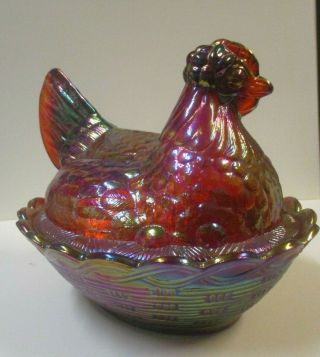 FENTON Hen on Nest Carnival Glass Covered dish - Pink Magenta Red - Large 6
