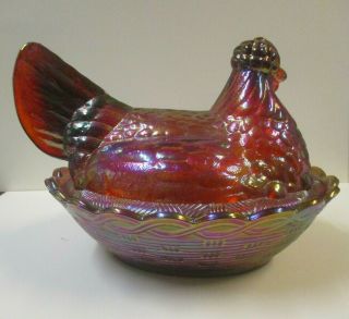 FENTON Hen on Nest Carnival Glass Covered dish - Pink Magenta Red - Large 7