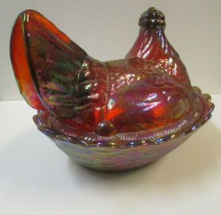 FENTON Hen on Nest Carnival Glass Covered dish - Pink Magenta Red - Large 8