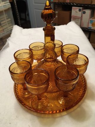 Tiara Indiana Glass Amber 9 Piece Wine Set - Sandwich Tray,  Decanter & 6 Goblets