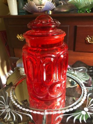 Vintage L.  E.  Smith Moon And Stars Red Amberina Medium Canister With Lid