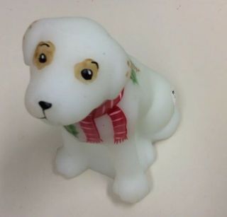 Fenton White Satin Dog Christmas Pup Hand Painted Signed 100th Anniversary