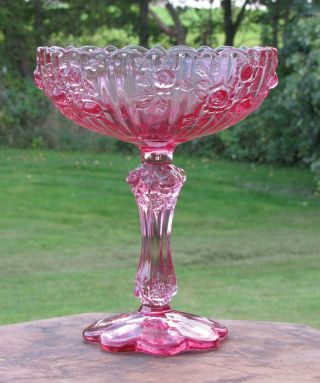 Vintage Fenton Glass Colonial Pink Rose Compote Pedestal Candy Bowl Tall Dish Fs