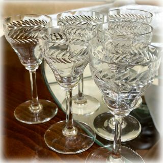 Set Of 6 Vintage Bryce Crystal Laurel Cut Stem 285 Optic Cordial Glasses 4 1/4 "