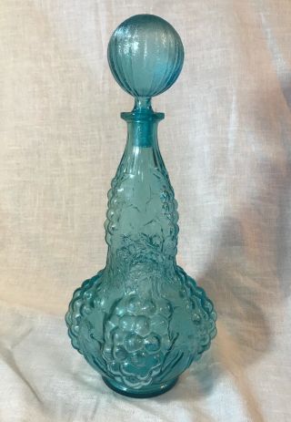 14 1/2” Mid Century Empoli Blue Genie Bottle Decanter Italy Glass Grapes