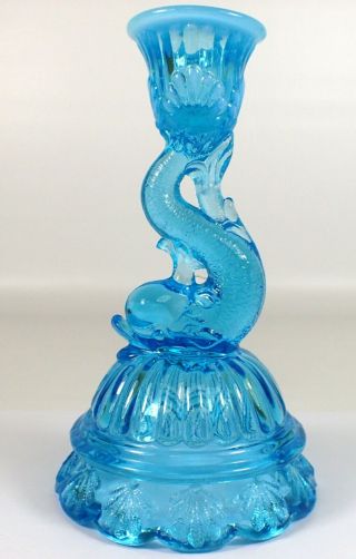 Antique Northwood Opalescent Blue Glass Petticoat Dolphin Candle Stick Holder