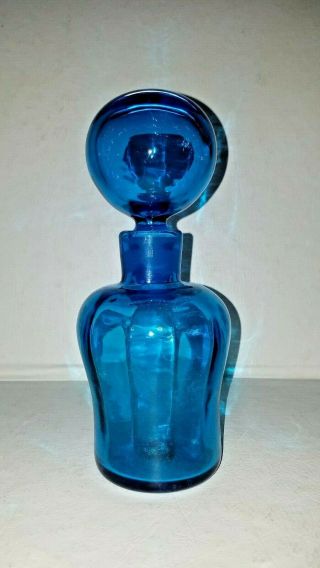 Vintage Blenko Optic Decanter W Ball Stopper Label Blue Mcm Beauty