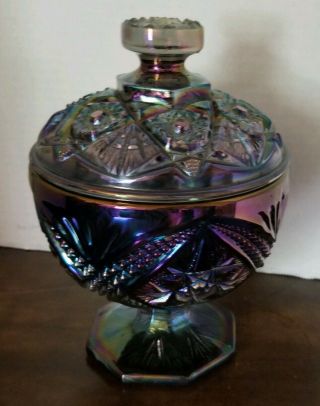 Imperial Carnival Glass Amethyst Compote & Lid Top Eastern Star Ig Marked